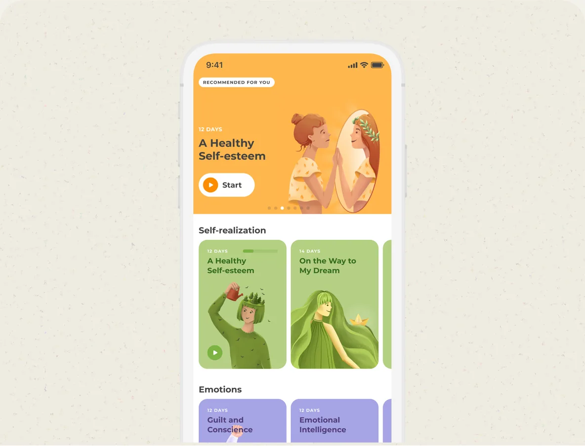 The UpLife app showing a recommended journey and the self-realization library