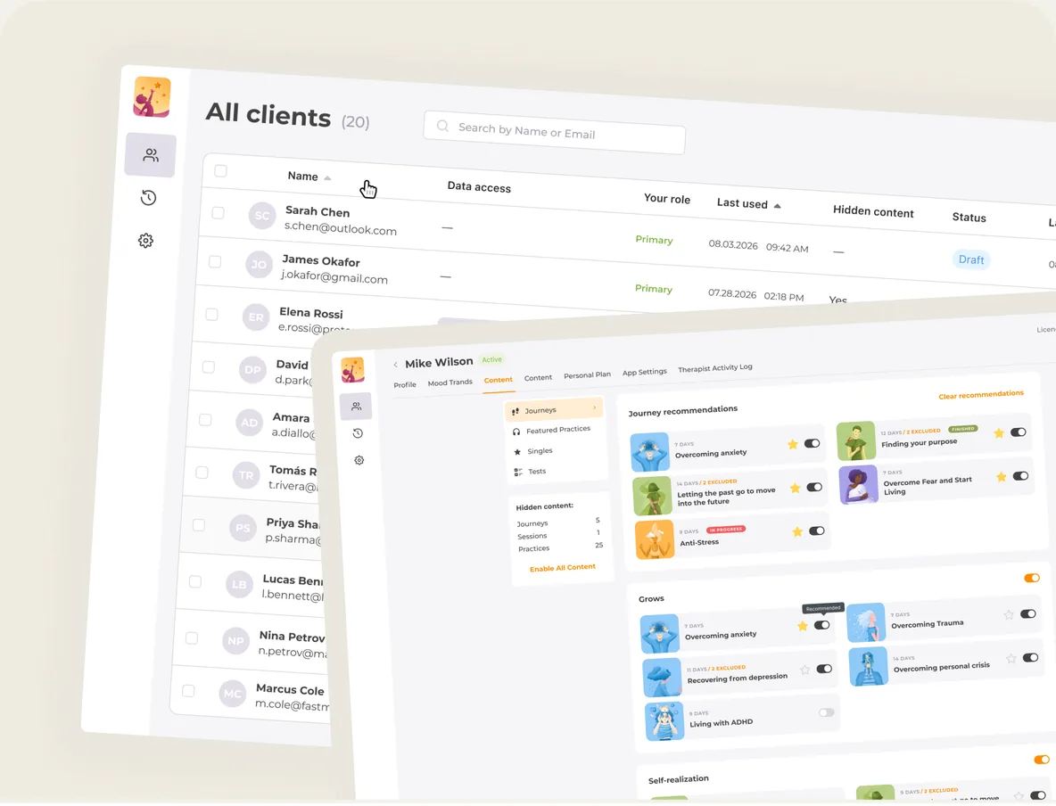 The UpLife clinician portal showing a client list and a client's assigned journeys
