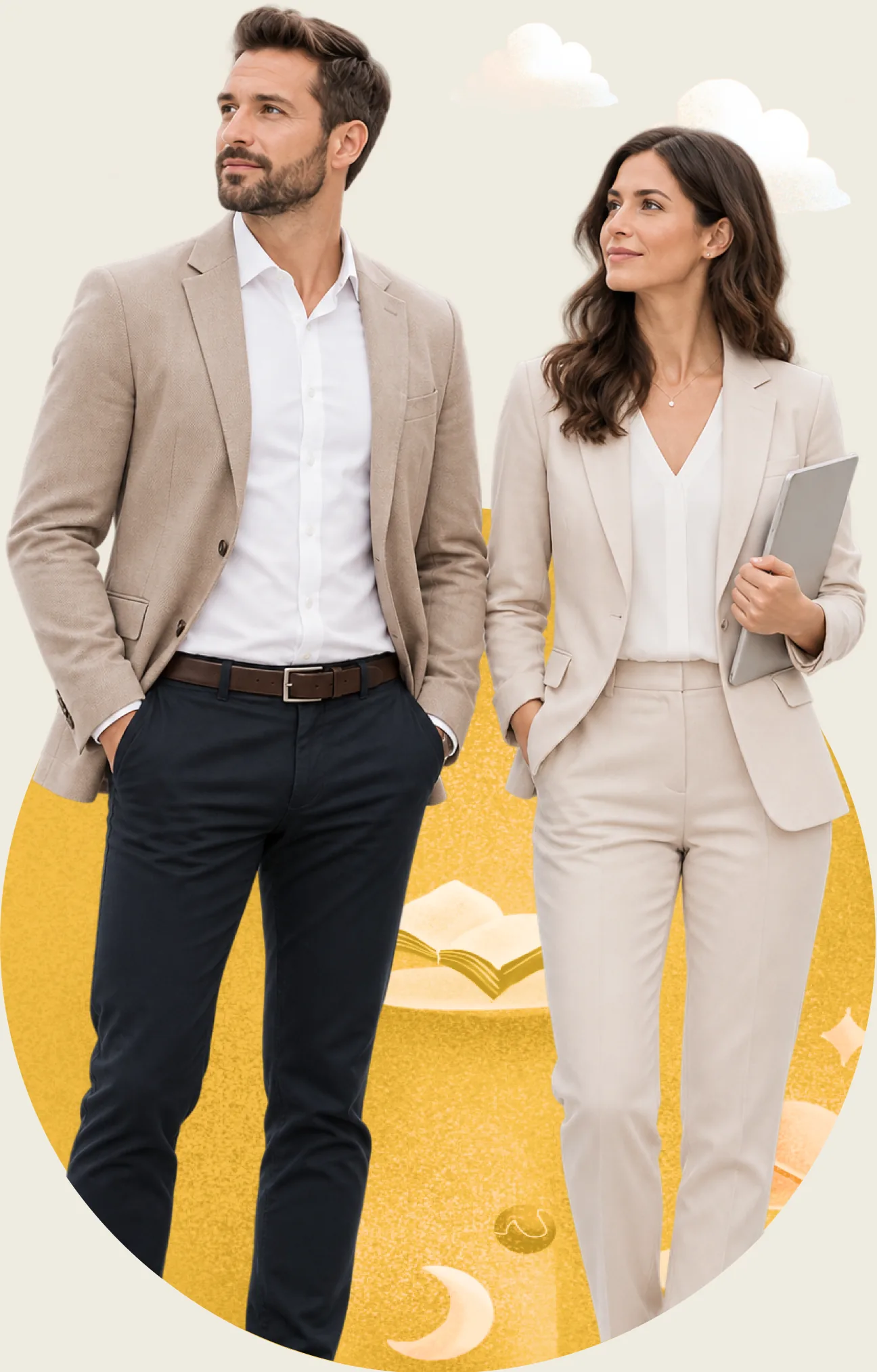 Two colleagues in business dress standing in front of an illustrated sun