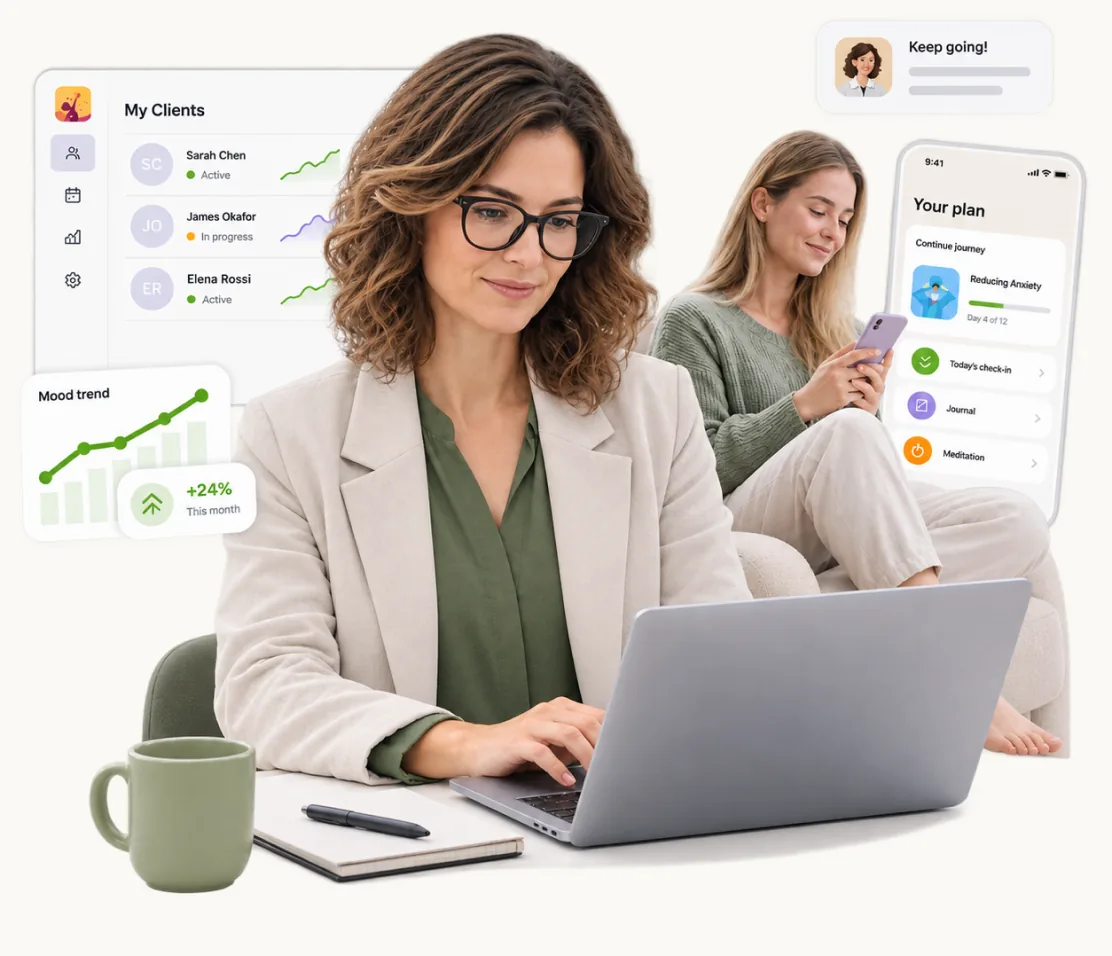 A clinician reviewing client progress in the UpLife portal while a client follows her plan in the app