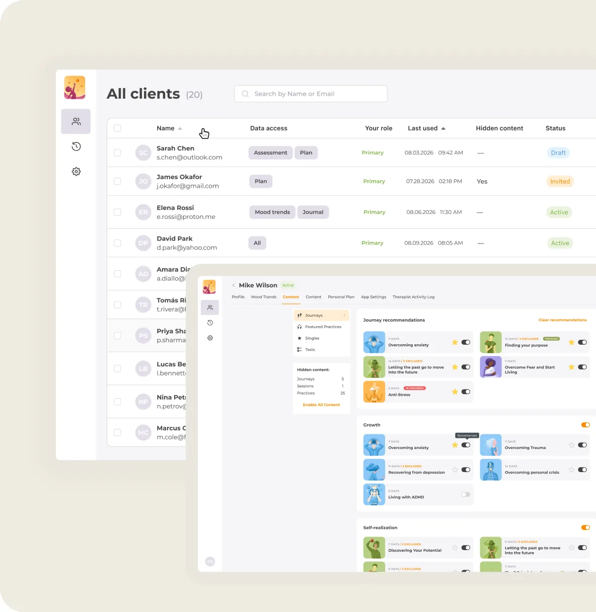 The UpLife provider portal: a client list with data access, roles and status, and a client record showing journey recommendations