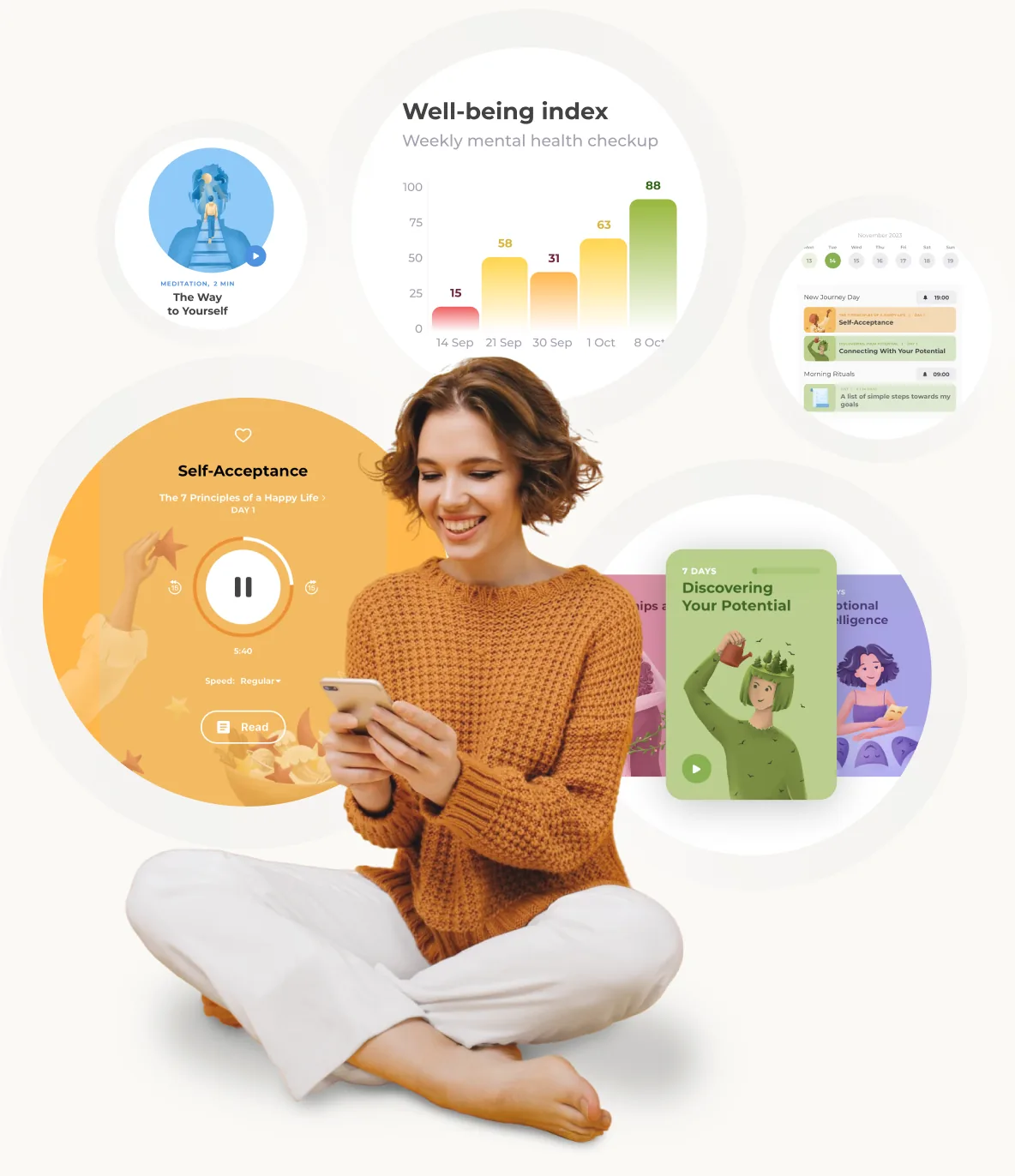 A woman using the UpLife app, surrounded by her well-being index, journeys and daily meditation