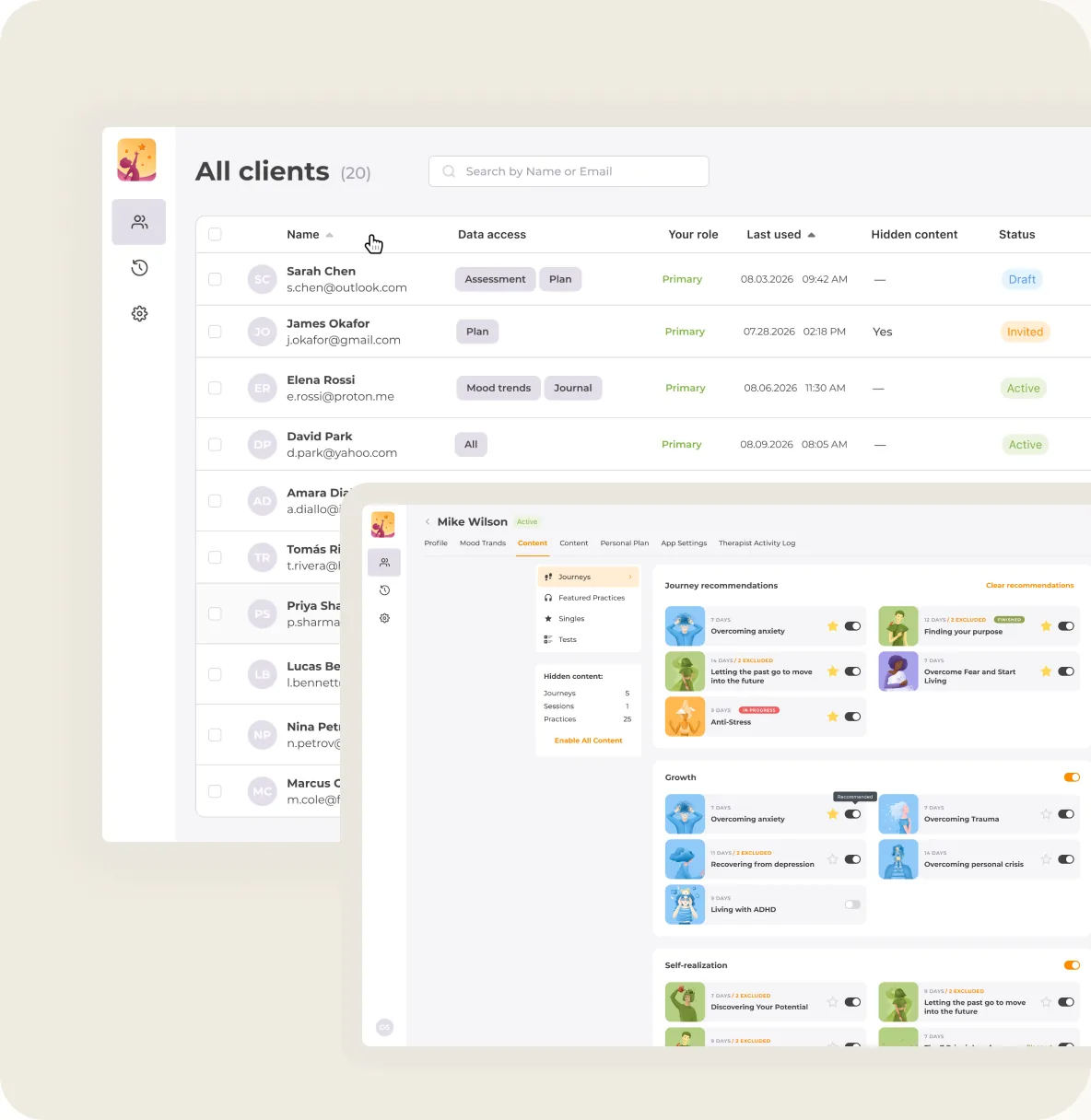The UpLife clinician portal showing a client list and a client's assigned content