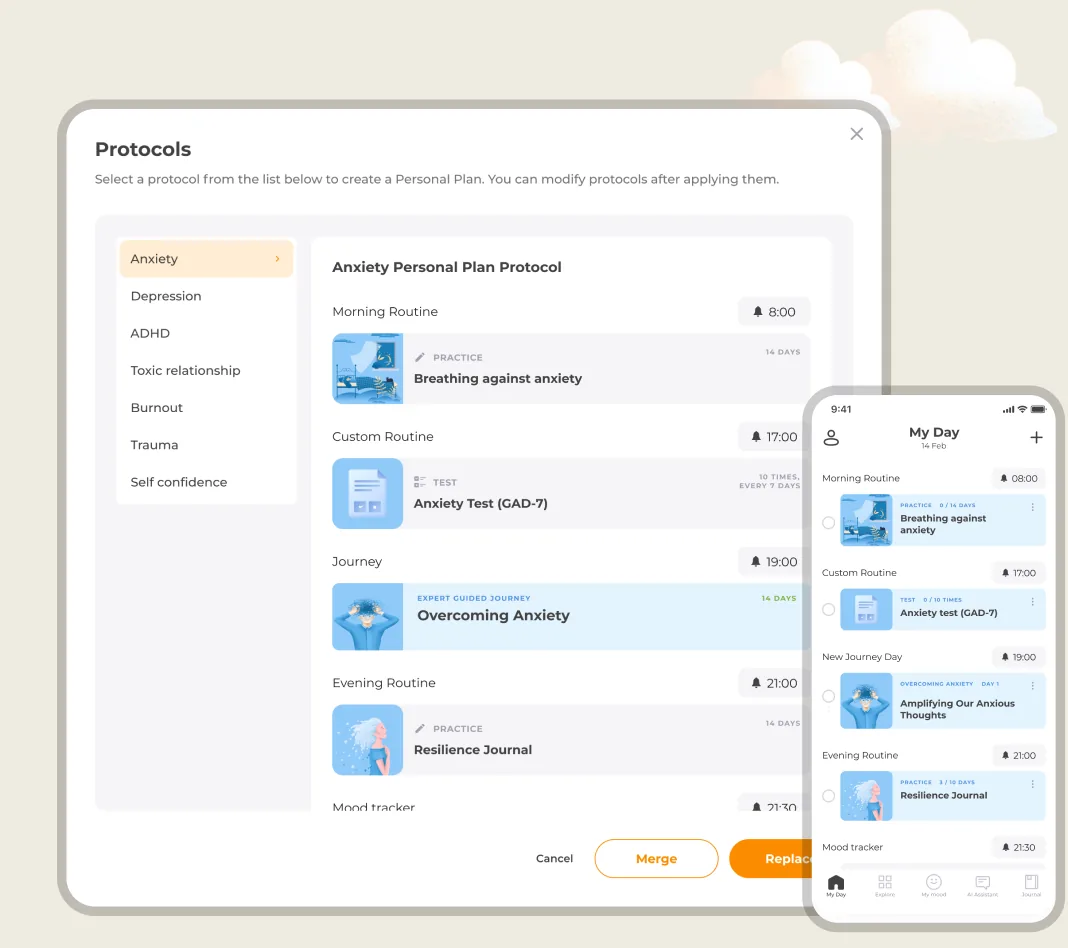 The UpLife provider portal showing a library of treatment protocols, with the client app beside it
