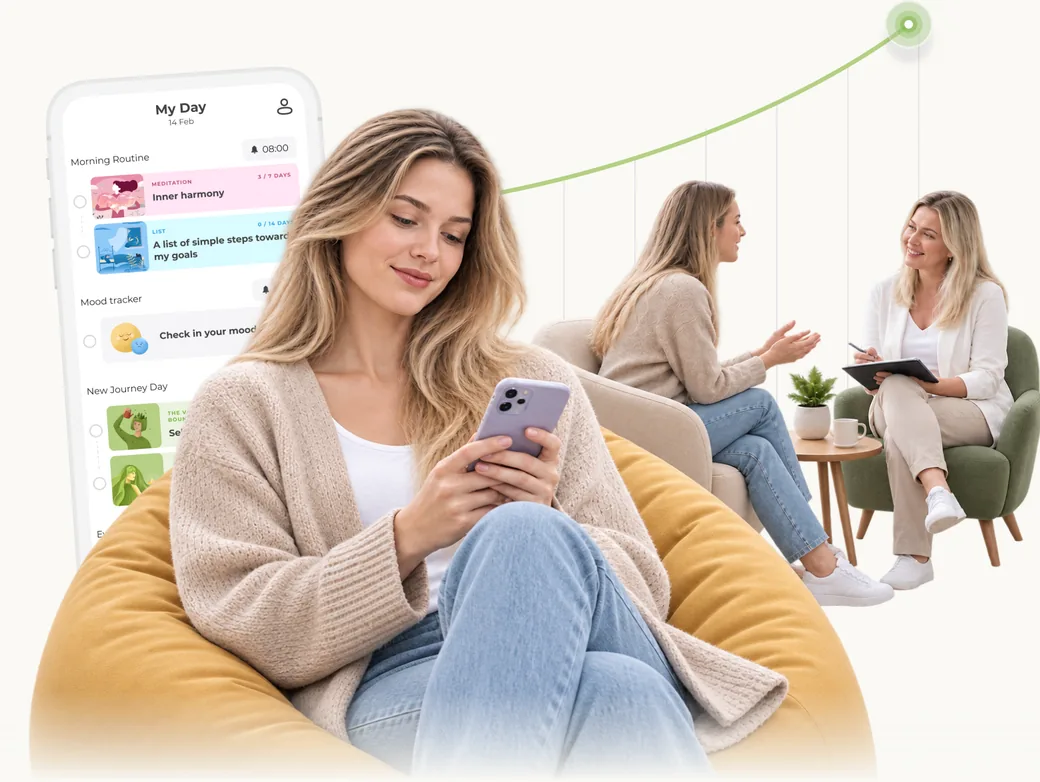 A client following her UpLife plan in the app between sessions, with a therapy session and a rising progress curve behind her