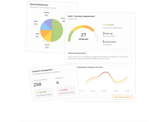 Mood distribution, GAD-7 assessment and content completion cards from the provider portal
